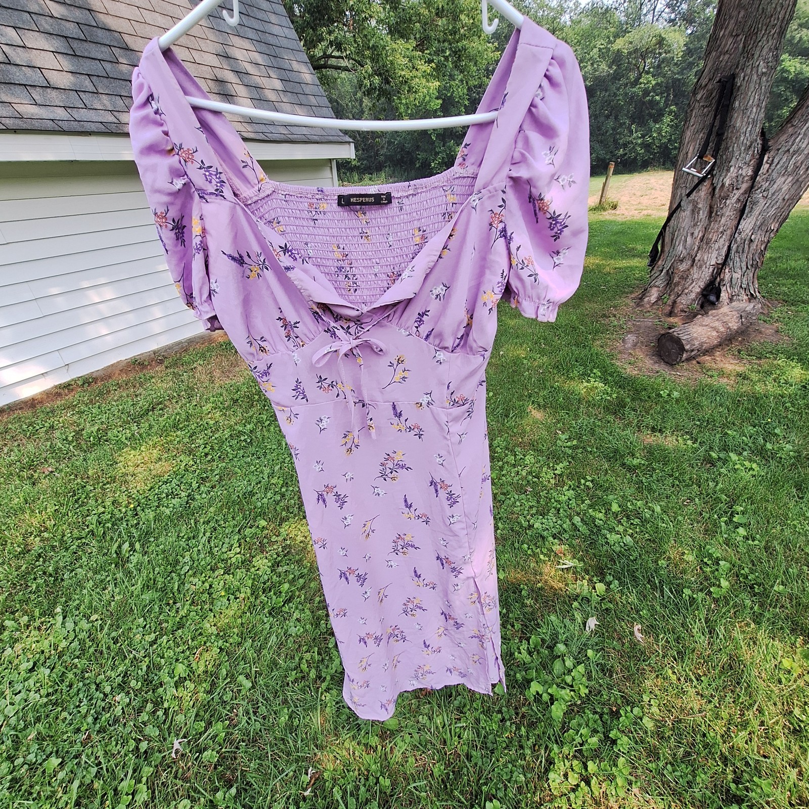 Hesperus Womens Milkmaid Coquette Midi Ruffle Dress Size L Purple Puff Smocked
