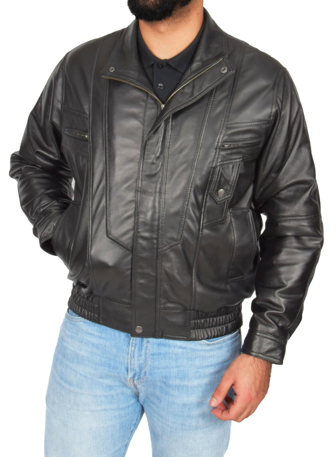 Gentlemens Bomber Soft Black Leather Jacket Classic Blouson Comfort Fit Coat NEW