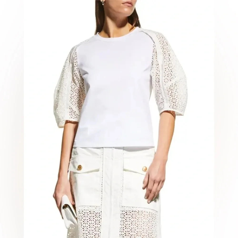3.1 Phillip Lim White Broderie Anglaise Cotton Puff Sleeve Top Crewneck