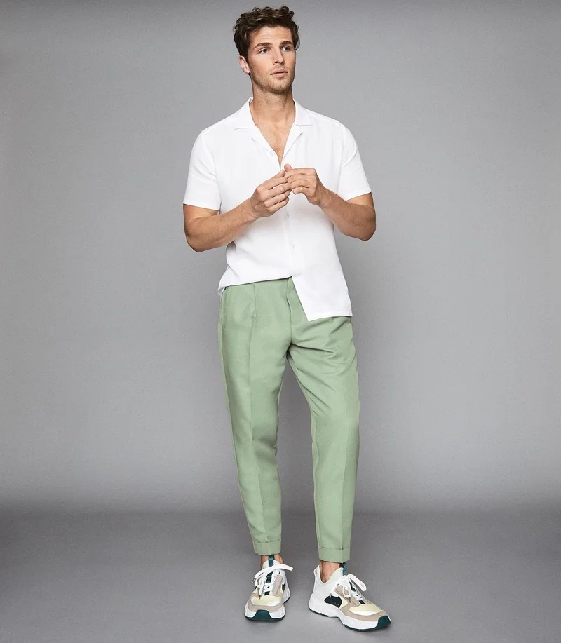 REISS Rabbit Pleat Front Solid Apple Green Trousers 32 NWT