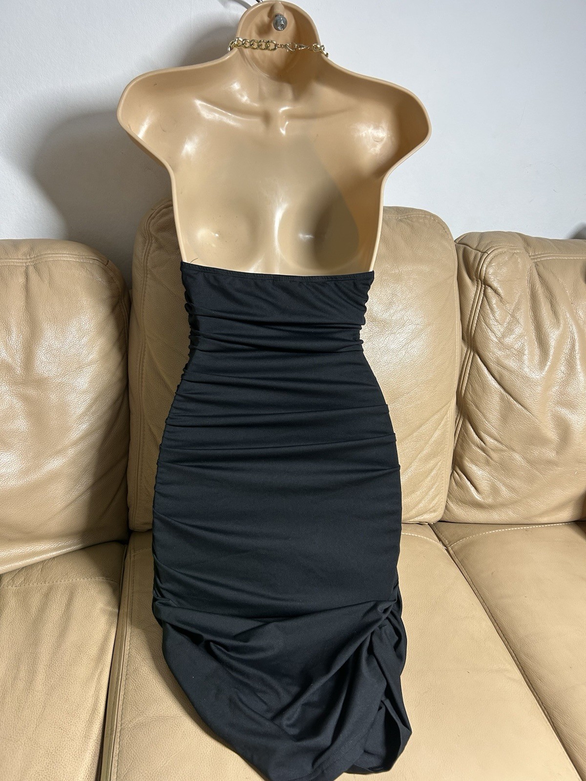 Shein black cut out chain strap ruched side backless halter bodycon dress size M