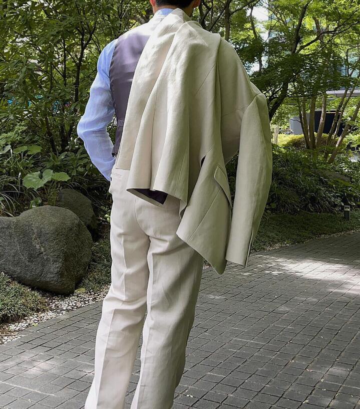 Men Beige Linen 3 Piece Suit Notch Lapel Summer Wedding Business Outfit
