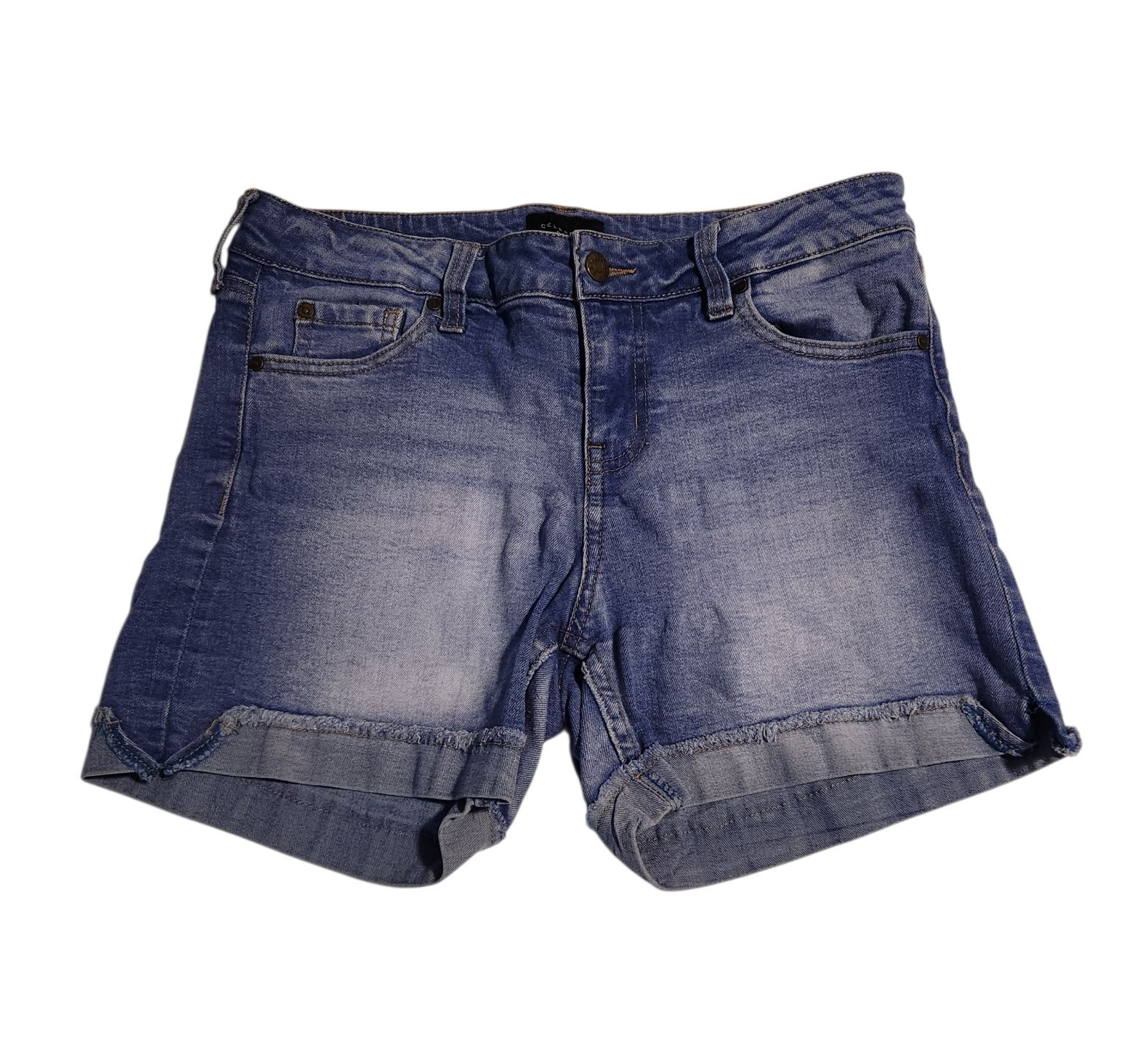 Celebrity Pink Denim Shorts Dark Blue Cuffed Mid-Rise Mom Stretch Size 9/29