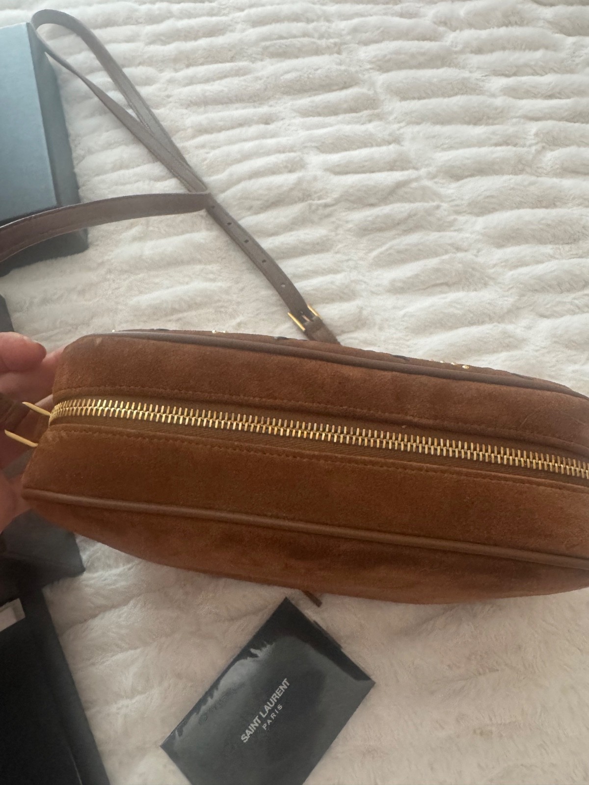 YSL LOU CAMERA BAG IN QUILTED YUMMY SUEDE. Gold bead accents and Whipstitched