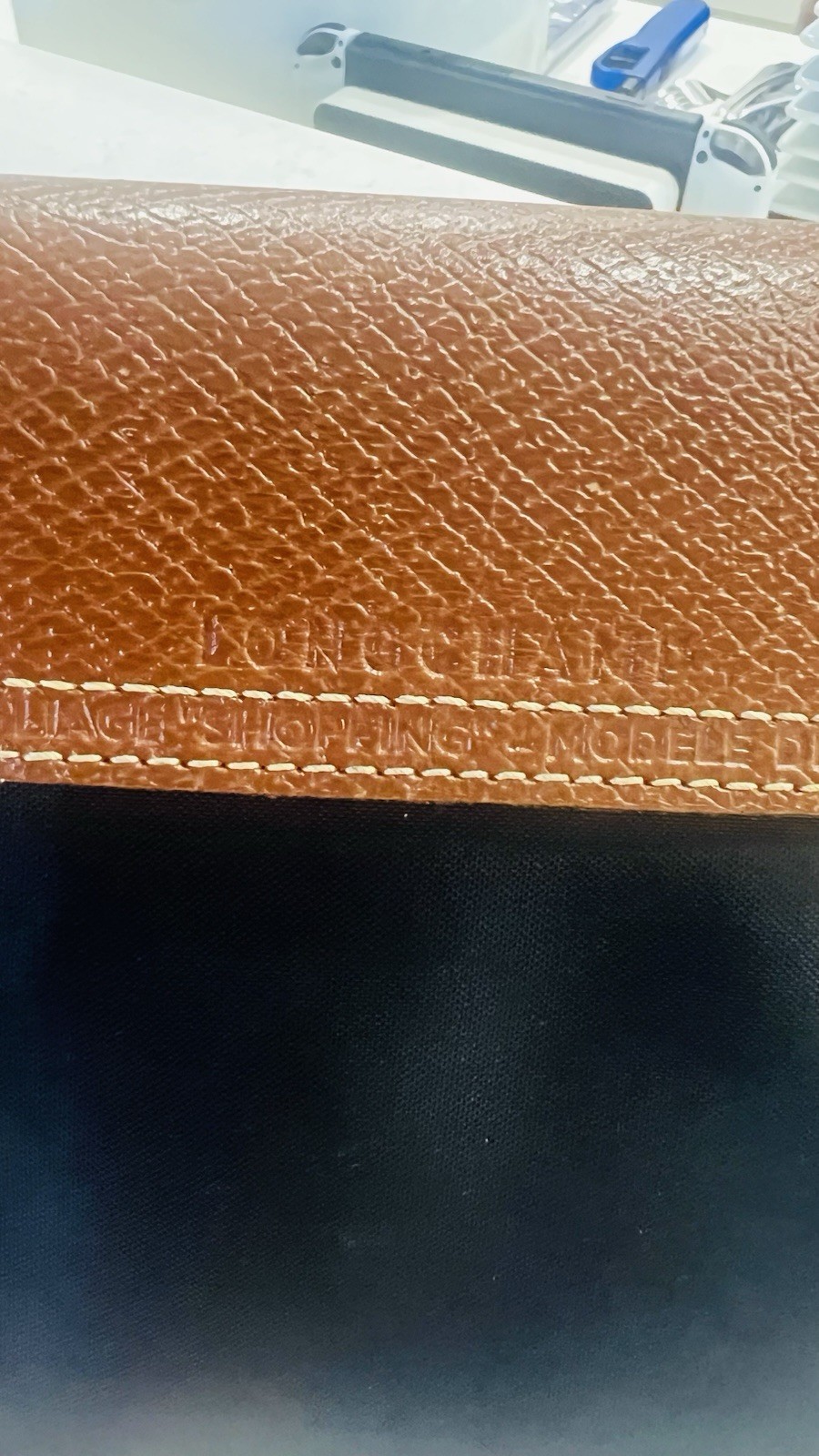 Longchamp Le Pliage Large Black Tote, Brown Leather Handles, Gold Hardware
