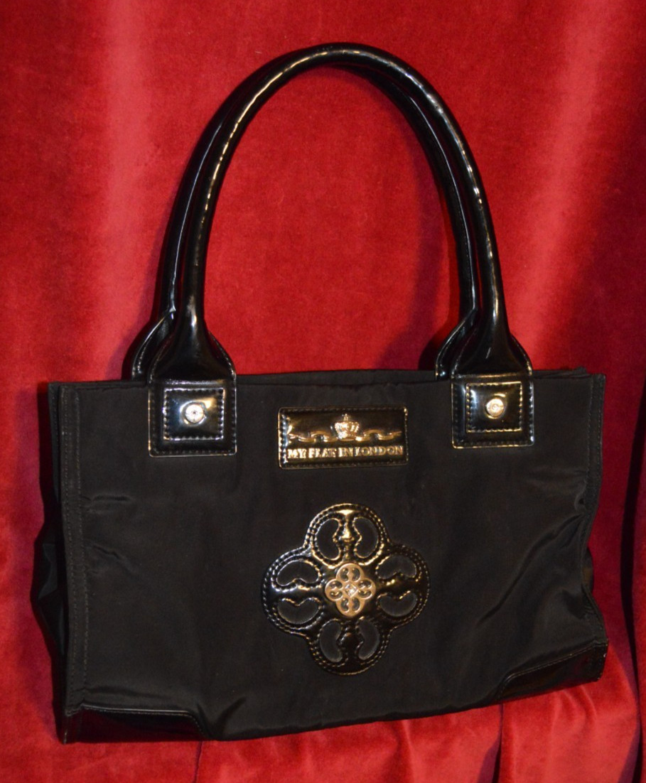 MY FLAT IN LONDON BLACK NYLON PATENT LEATHER SATCHEL CROWN MEDALLION LARGE