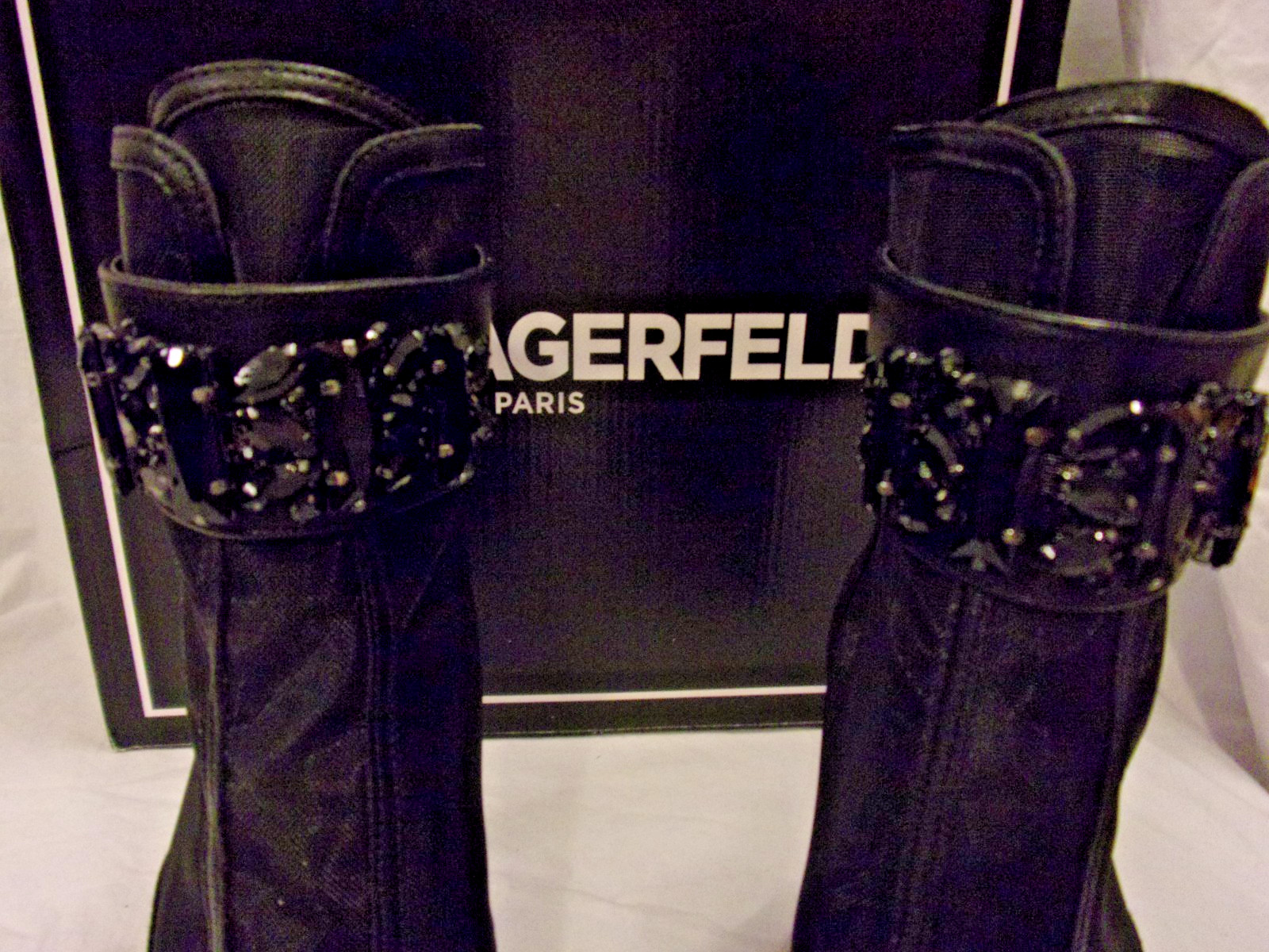 Karl Lagerfeld Paris Blayze Crystal Mesh Peep Toe Booties Black 8M BNIB