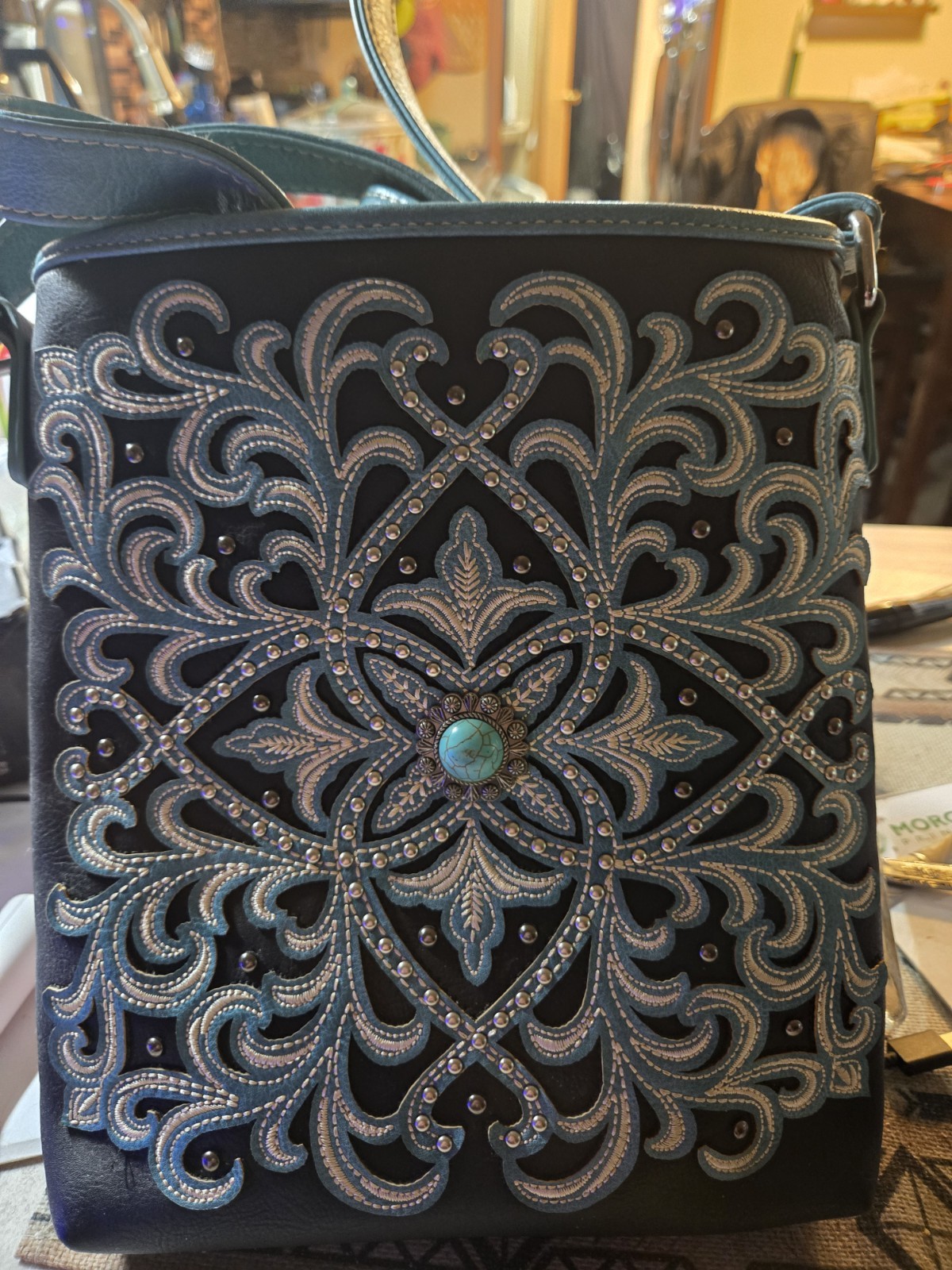 Western Black Studded Embroidered Laced Shoulder Bag w/ Buckle Zip Inner Pockets
