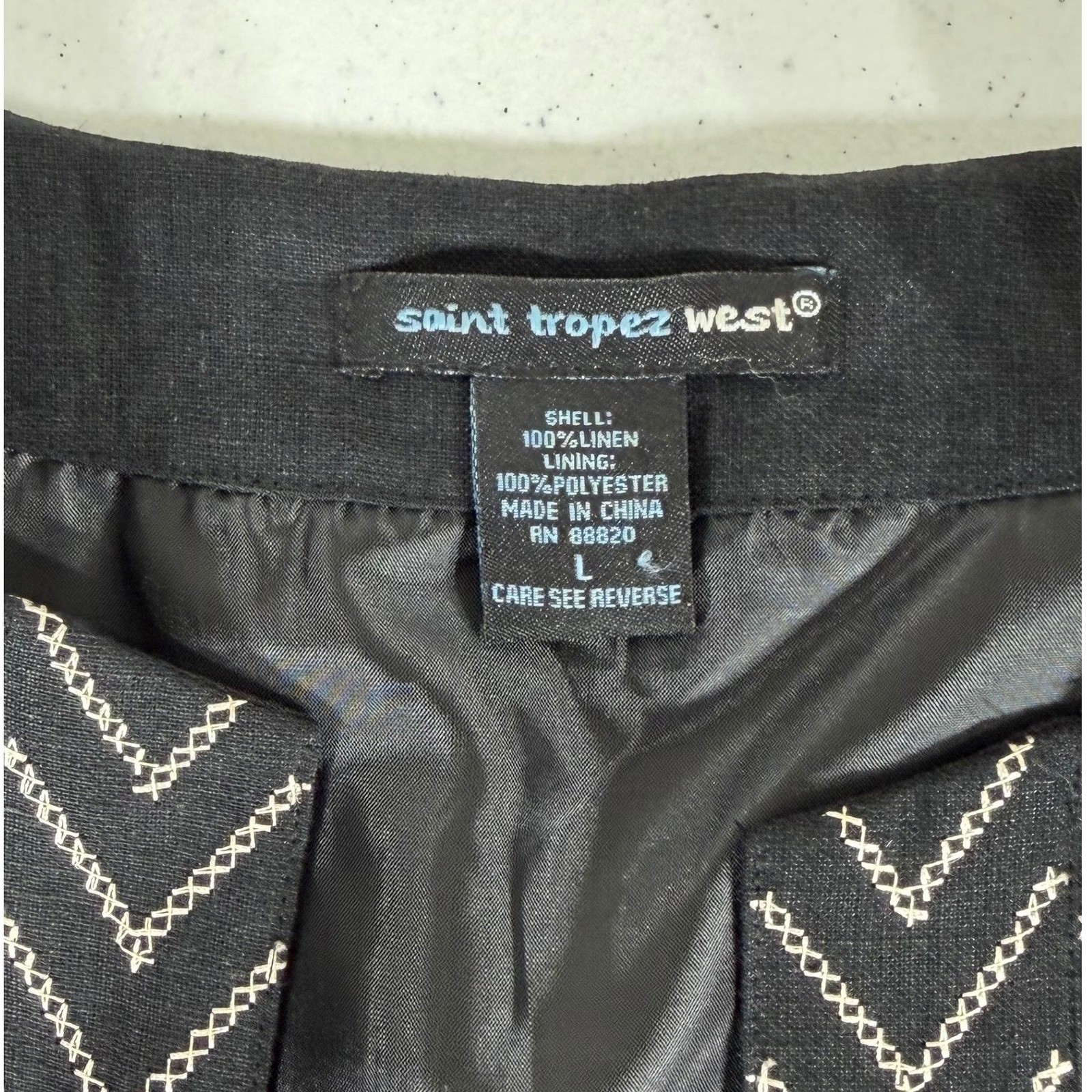 Saint Tropez West Linen Blazer Jacket Large Black Floral Embroidered Hook & Eye