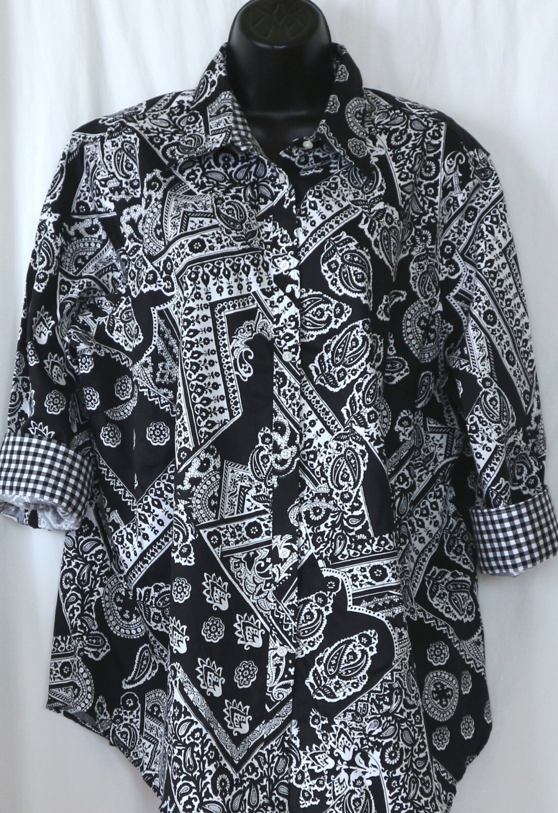 CHAPS Long Black/White Cotton Print No Iron Blse 48 In Chst 29 In Lng Sz 1X EXC