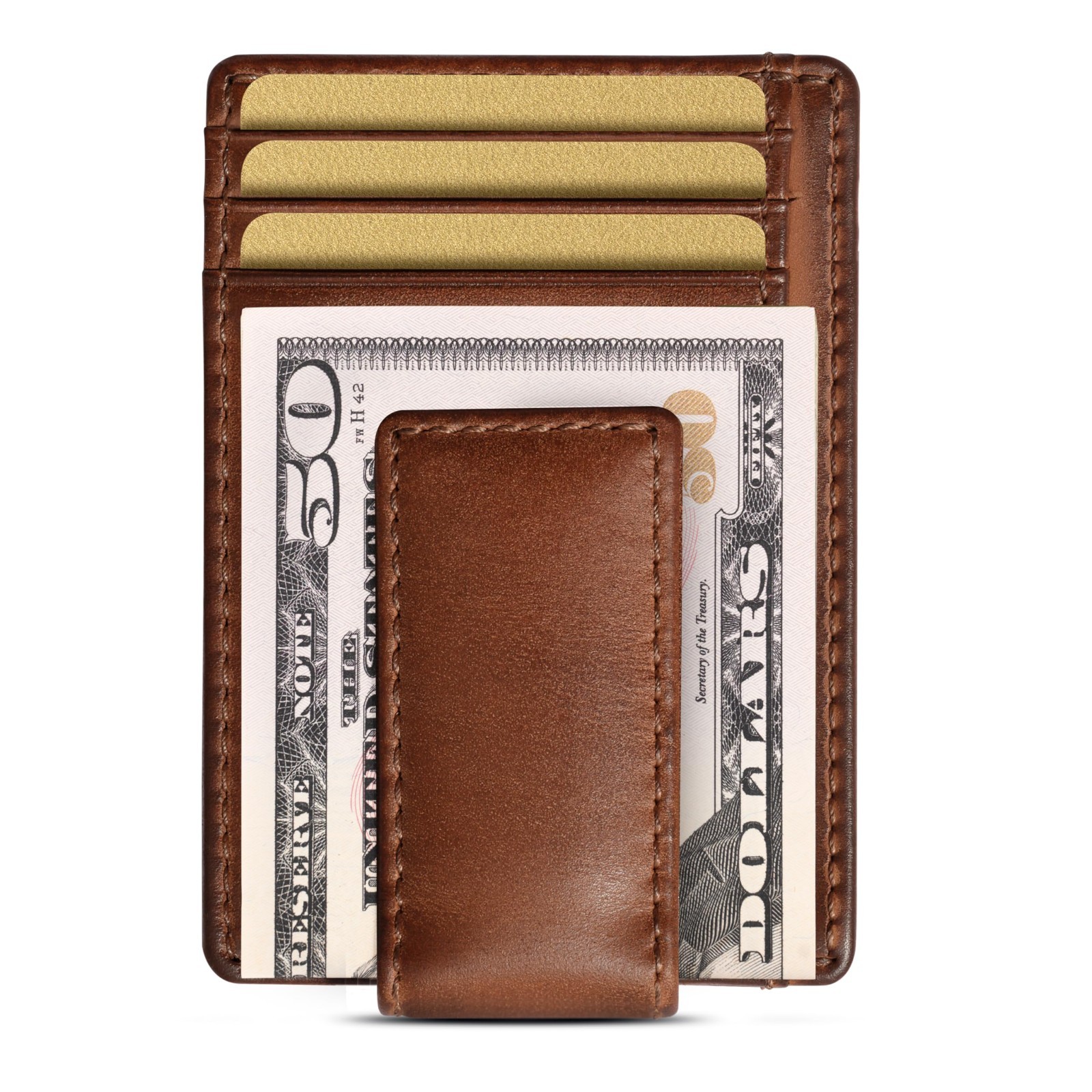 Slim Money Clip Wallet for Men, Full Grain Leather, Magnetic Clip Holds 15+ Bill