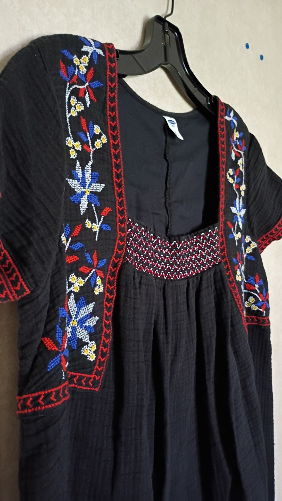 Old Navy Scandi Embroidered Square Neck Cotton Gauze Black Dress Womens Size M