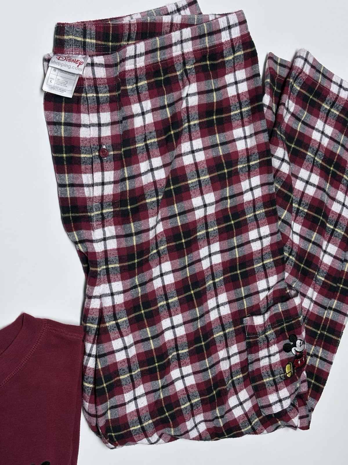 Disney Store Mickey unisx L 2pc Burgundy Cotton Flannel Plaid Pajama Set Pockets
