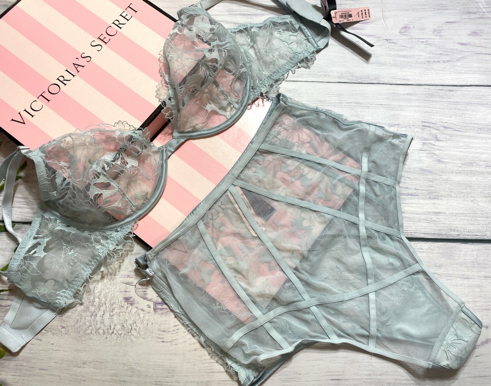 Victorias Secret LUXE LINGERIE Unlined Demi Bra High Waist Panty Set Dusty Blue
