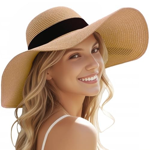Sun Beach Hats for Women,Wide Brim Straw Hats Womens with Chin 14cm-khaki