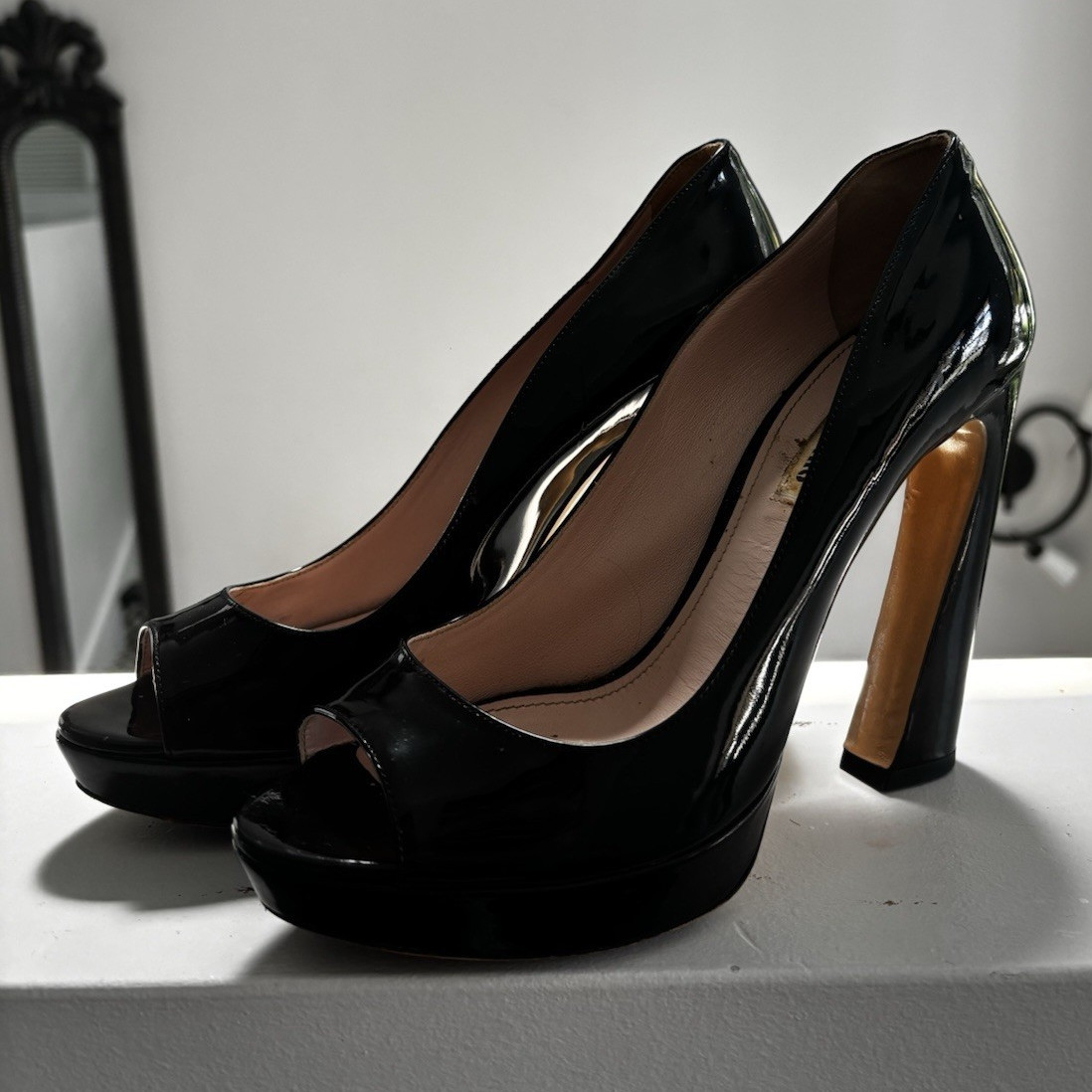 Miu Miu Women’s Black Patent Leather Platform Open Toe Block Heel 8.5