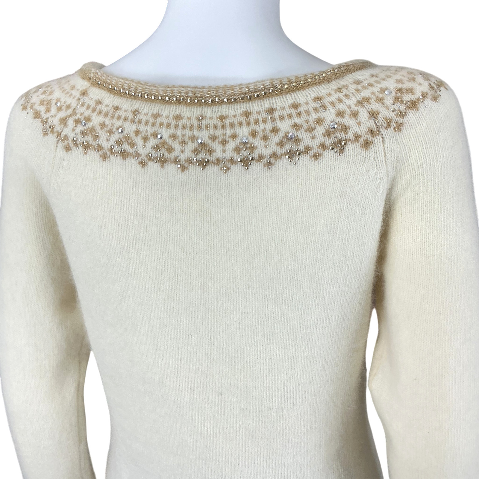 Apt. 9 Women’s Angora Fair Isle Sweater M Cream Beaded Rhinestones Boat Neck NWT