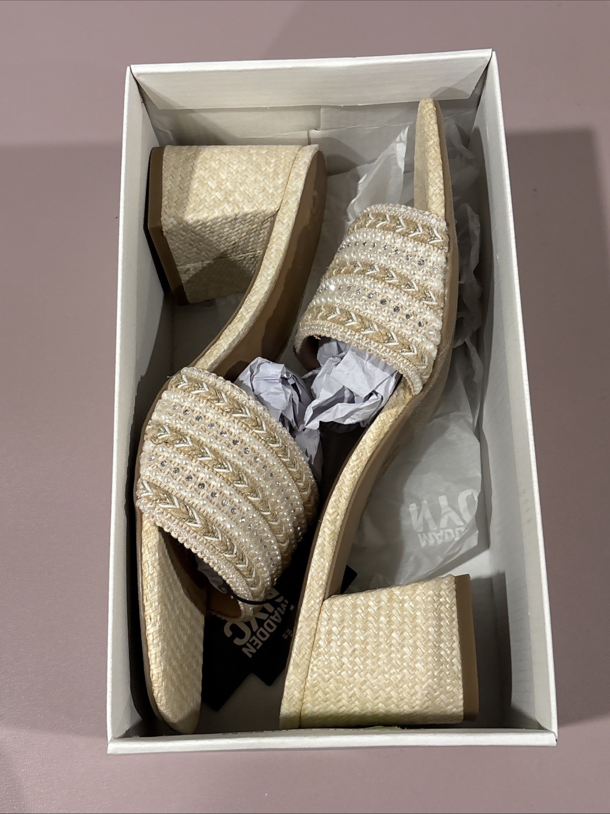 Madden NYC Block Slide Heel -Raffia Woman’s 11 Comfort Foam Insole Nude