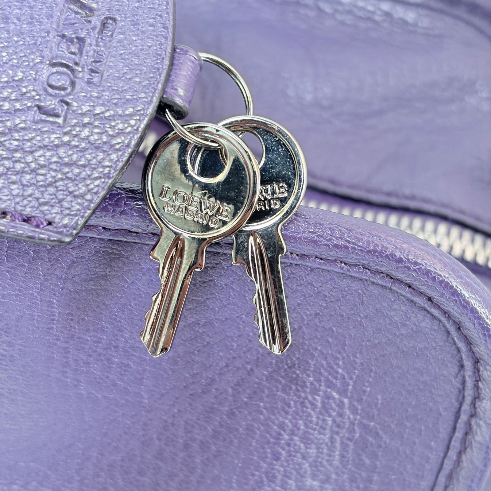 Loewe Amazona 36 Purple Leather Top Handle Bag Silver Hardware COA Dustbag Keys