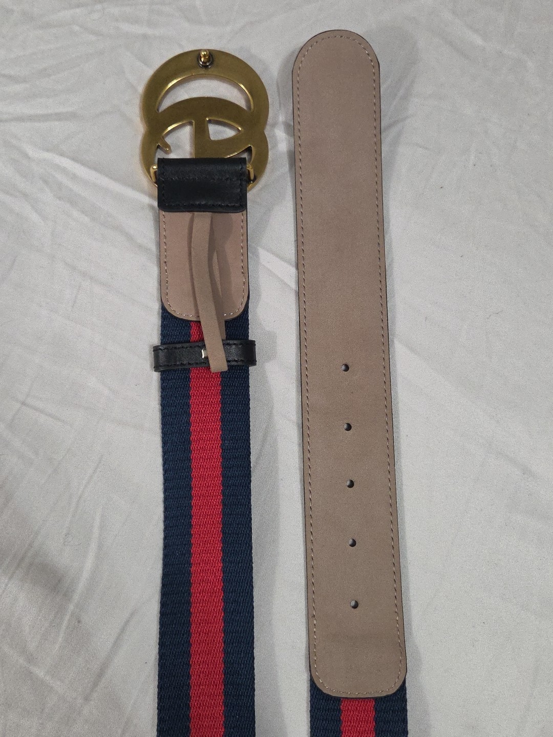 Gucci GG Brass Buckle Striped Navy Red Dress Belt Men’s 36-38 IT 105CM
