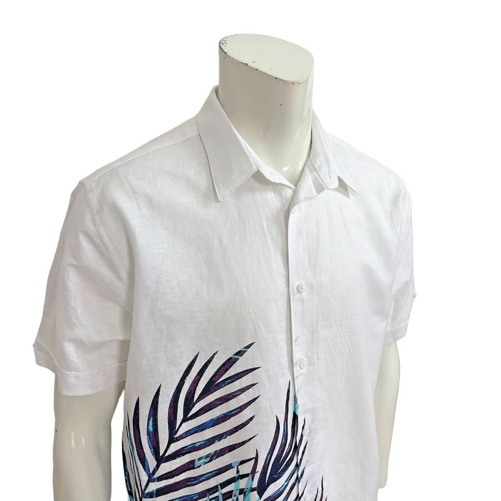 Cubavera Mens Large Brilliant White 64% Linen 36% Cotton Tropical Palms