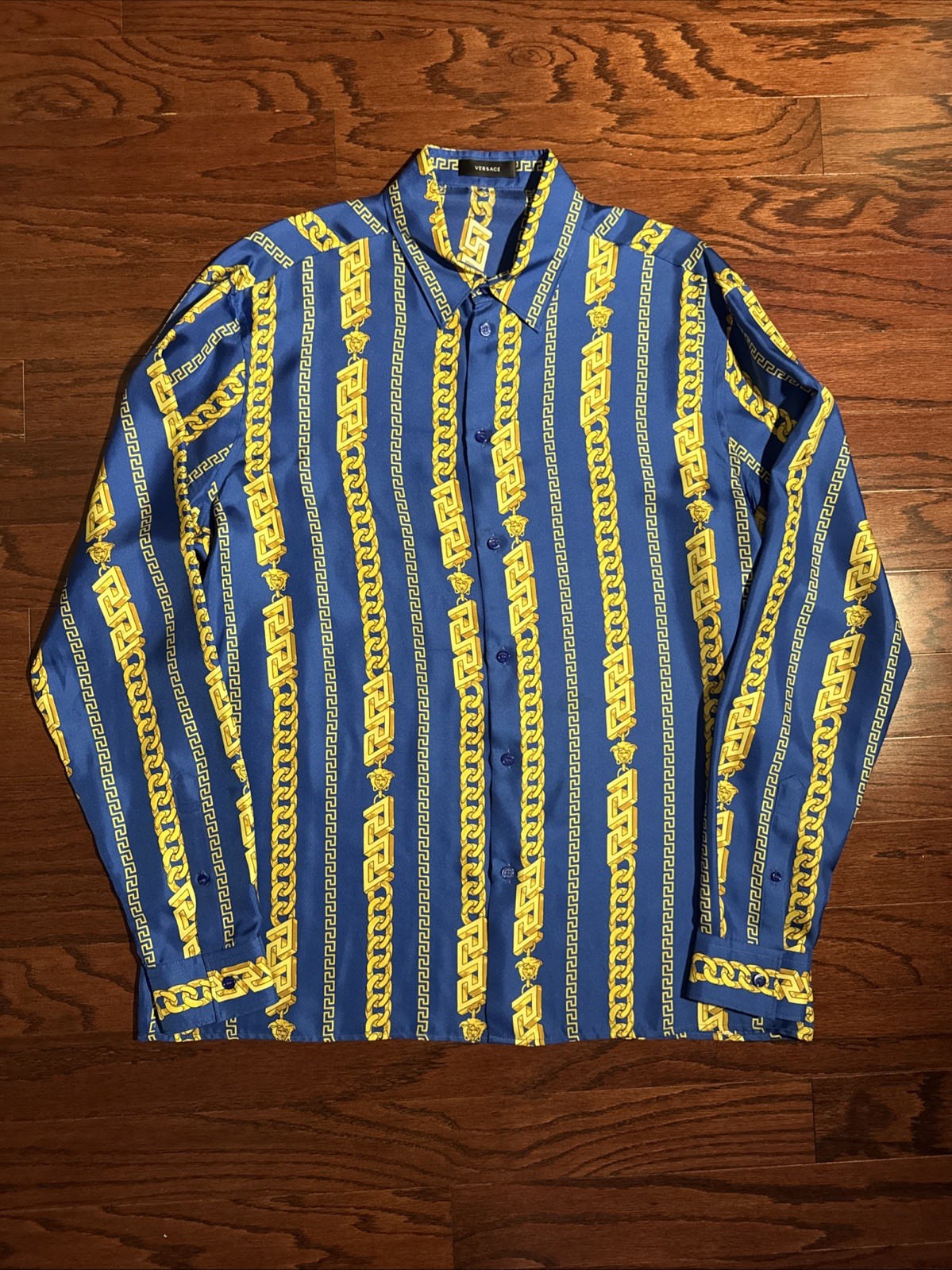 Versace Blue/Gold Chain Link Silk Button Up Shirt Sz IT56 US XL 100% Authentic