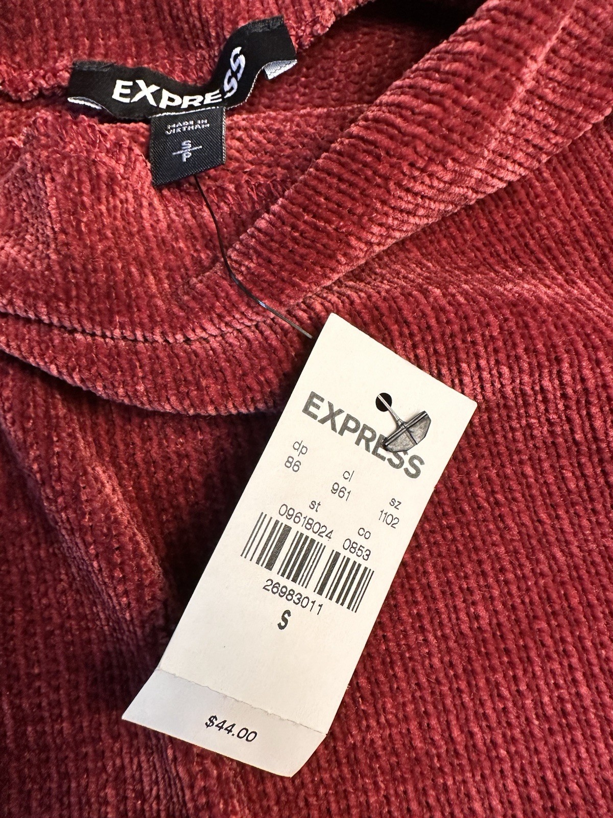 Express NWT Maroon Chenille Pullover with one side shoulder pleating Size S