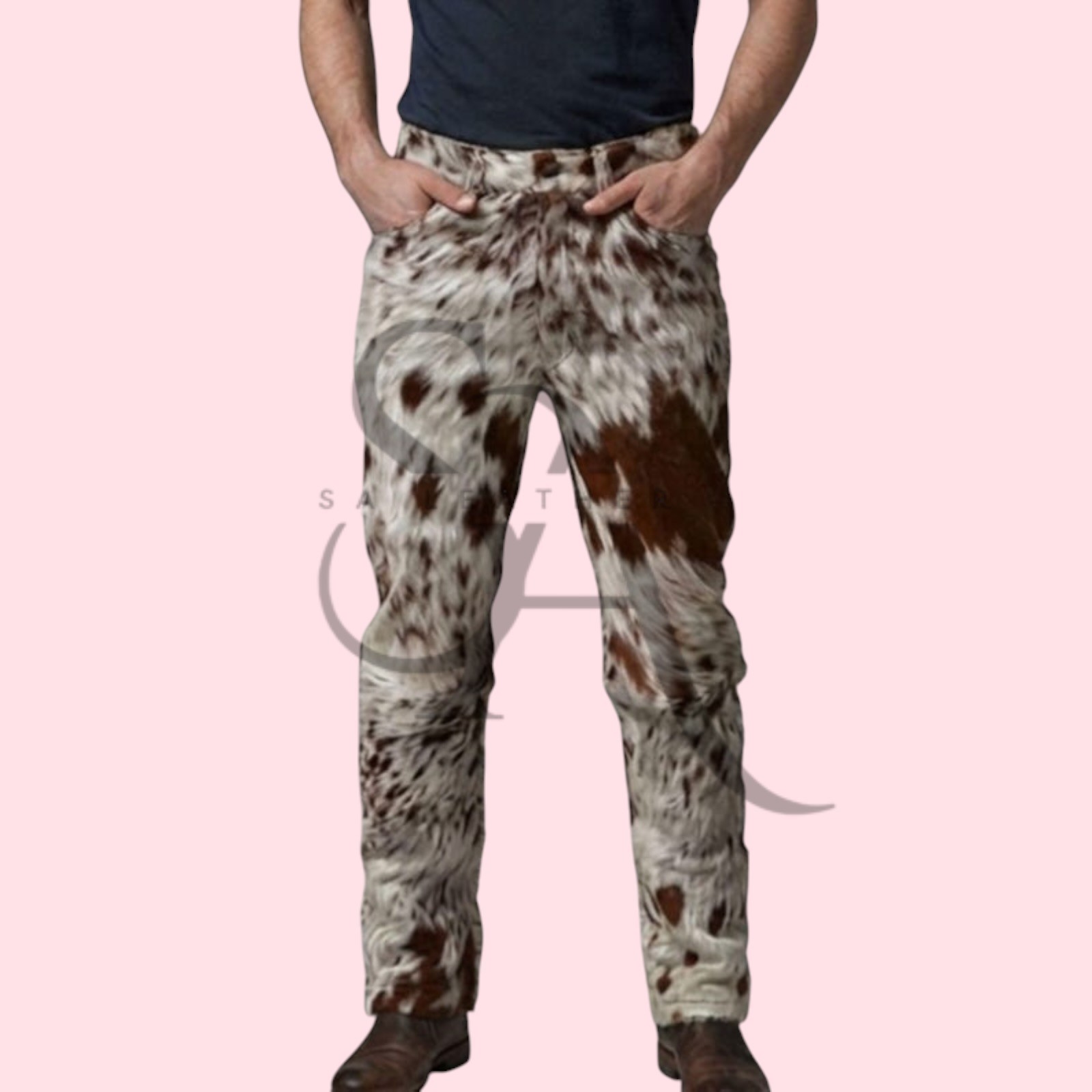 Handmade Men’s Brown & White Cowhide Leather Pants Hair on Hide Trousers Biker