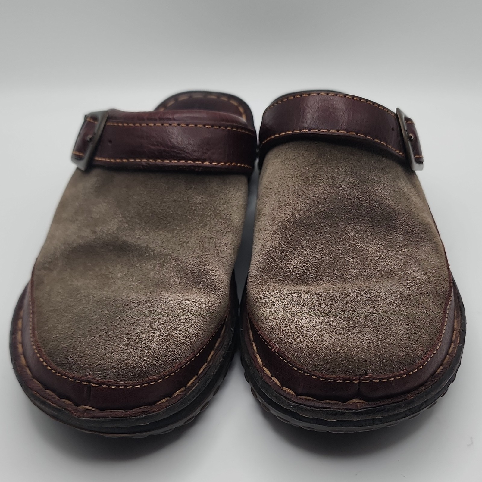 Born Womens Leather Slip-On Clog Mule Sandal w/ Buckle Strap Brown/Gray 7
