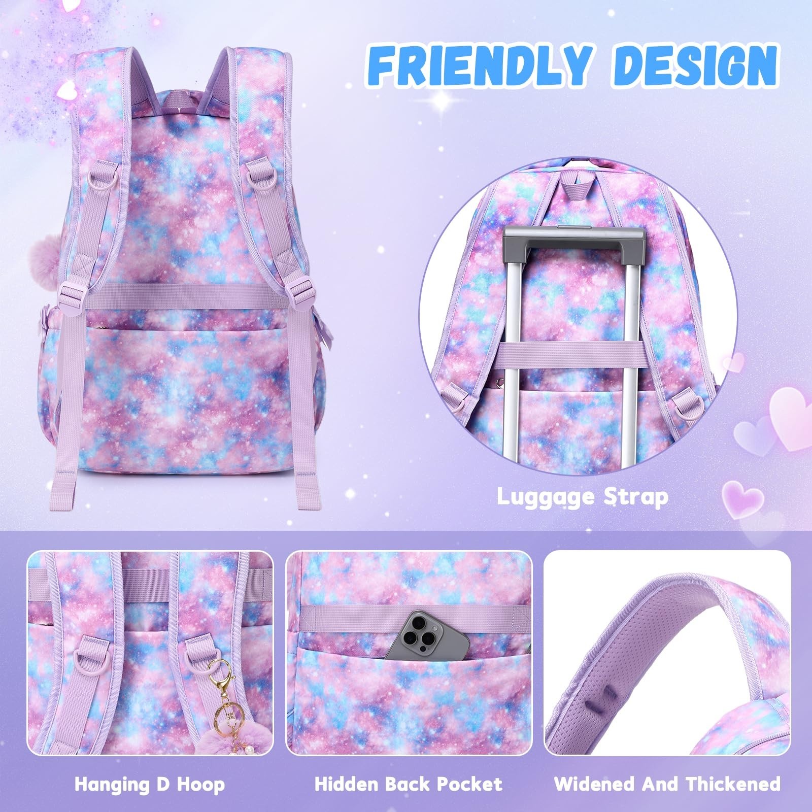 Cute Girls Backpack 17″ Lightweight Bookbag for Ages 6-12, Heart Pocket & Bowkno