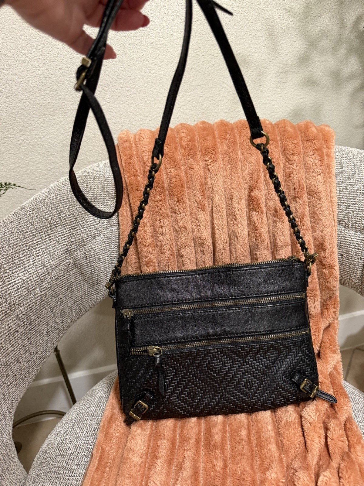 Elliott Lucca Black Crossbody Bag Double Zip Detachable Strap Gold Hardware