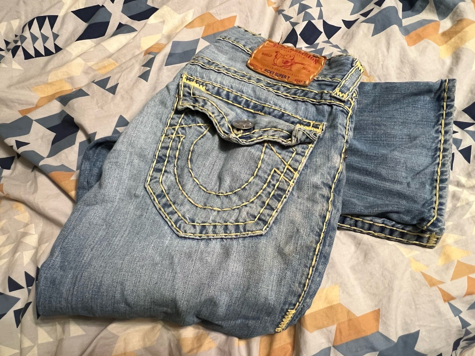 True Religion Ricky Super T Straight Leg Jeans Big Stitch Flap Pockets Size 32