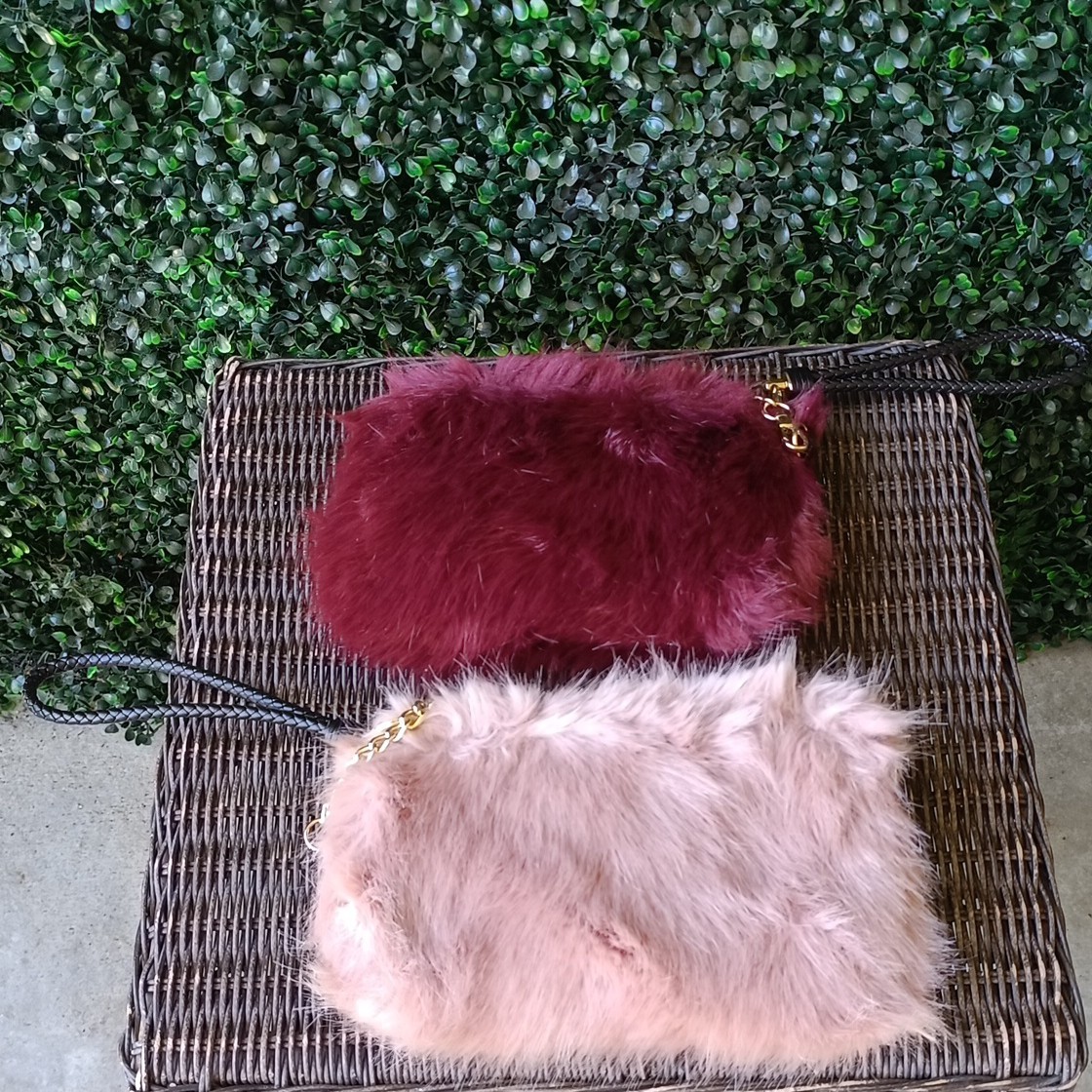 Set of 2 Burgundy & Light Pink Zip Pouches/Clutch Bags w/ Gold Chain Strap