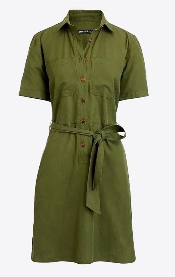 J. Crew Women’s Size 00 Green button up short sleeve Pockets Tie shirt dress