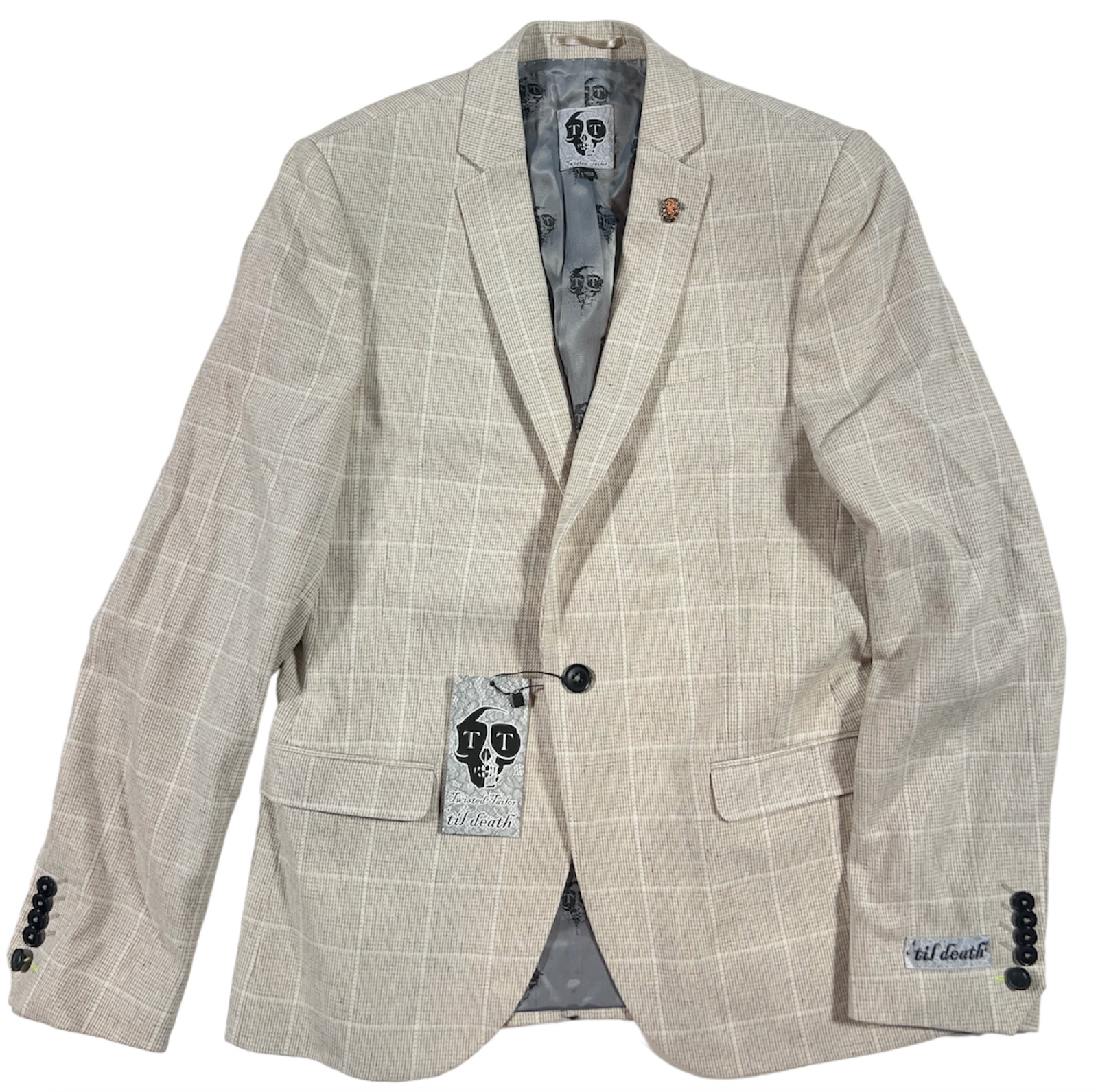 TWISTED TAILOR STONE WINDOWPANE CHECK PLAID SKULL PIN BLAZER JACKET SZ 38 R 38R