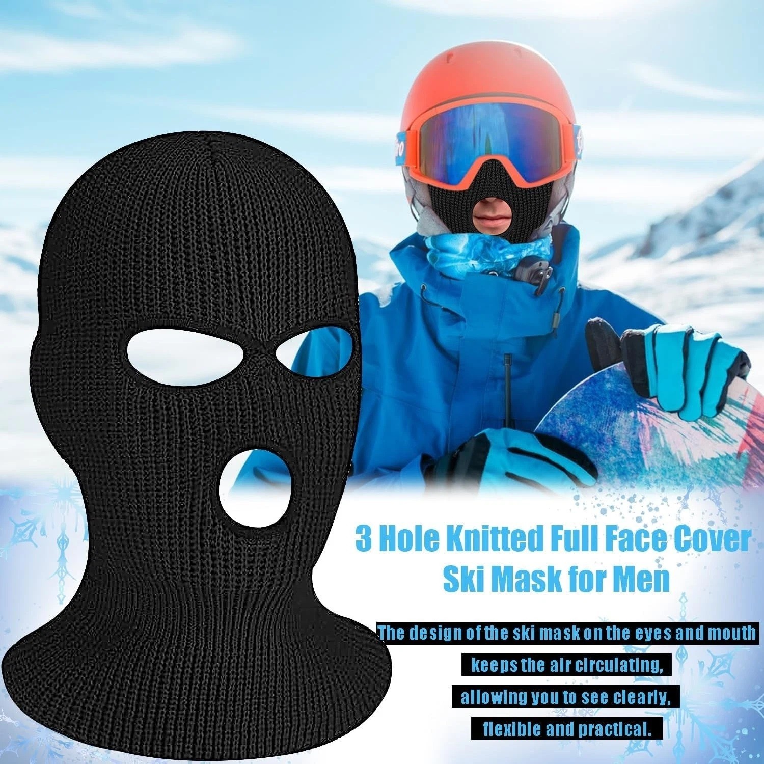 Winter Ski Mask 3 Hole Knitted Skull Balaclava Beanie Hat Men Outdoor Sports Cap