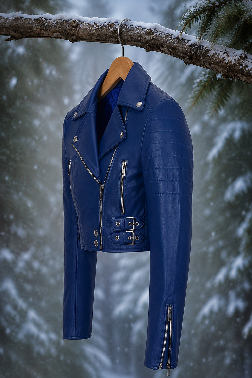 Handmade Blue Leather Biker Jacket for Women – Premium Winter Fashion Coat