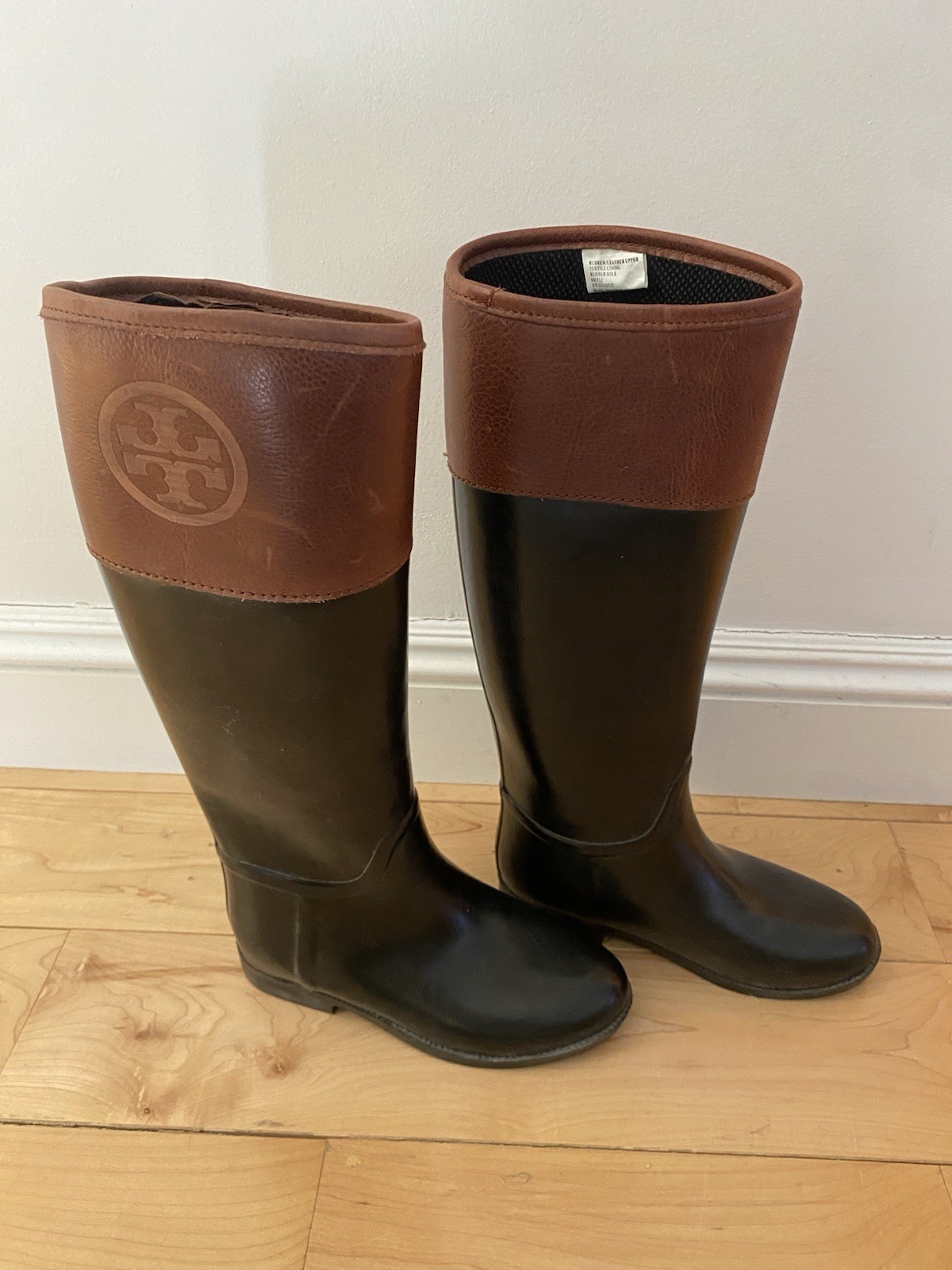Tory Burch Diana Riding Rubber/Leather Tall Rain Boots, Size 6