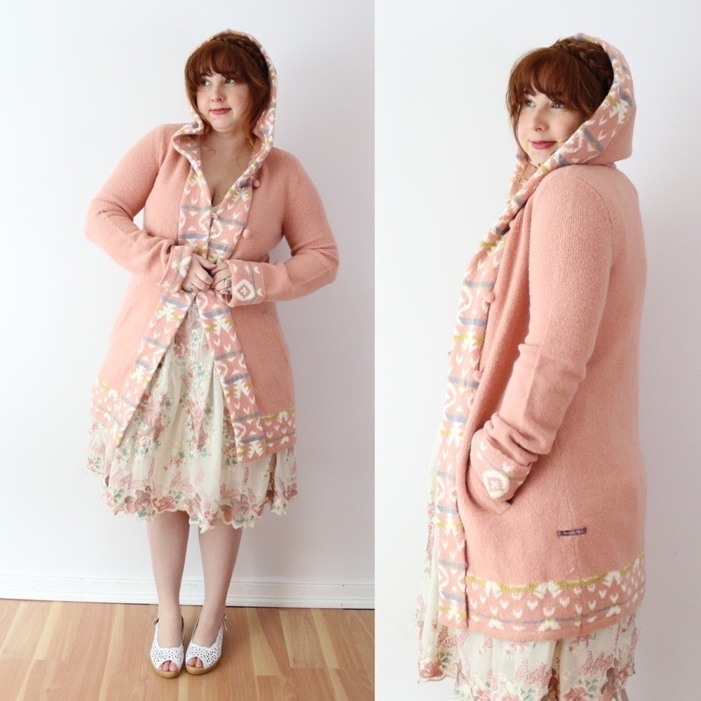 Hooded Cardigan Pink Fair Isle Wool Blend Toggle Sweater Soft Girl Pastel Knit