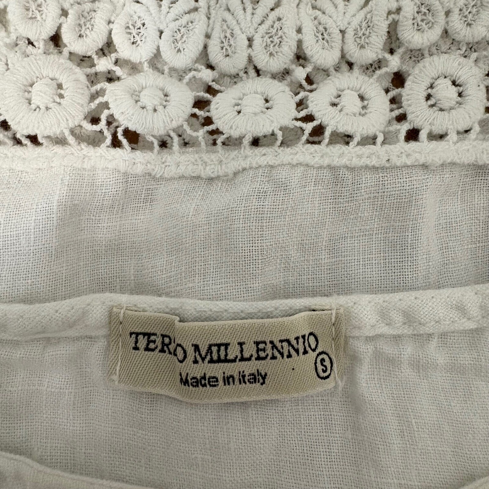 Tero Millennio 100% Linen Crochet Short Sleeve White Lightweight Top Small