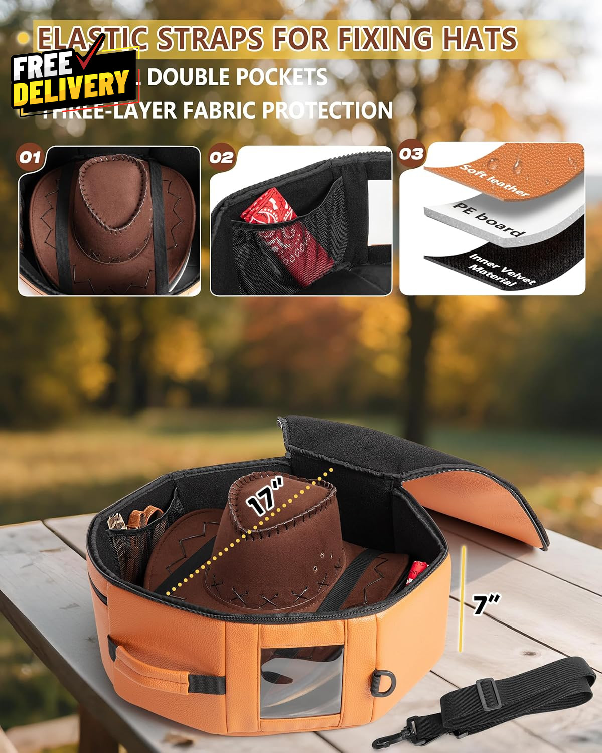 Vegan Leather Hat Box Holds 4 Cowboy Wide Brim Hats Padded Travel Case Brown…