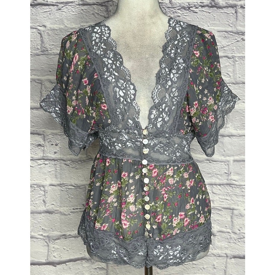 Passport Floral Sheer Boho Cottagecore Kaftan Style Blouse with Lace Trim
