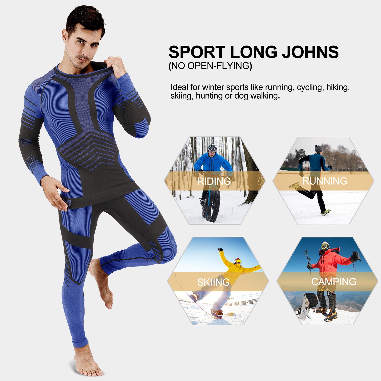 Mens Thermal Long Johns Compression Base Layer Top & Bottom Set Blue Small Size