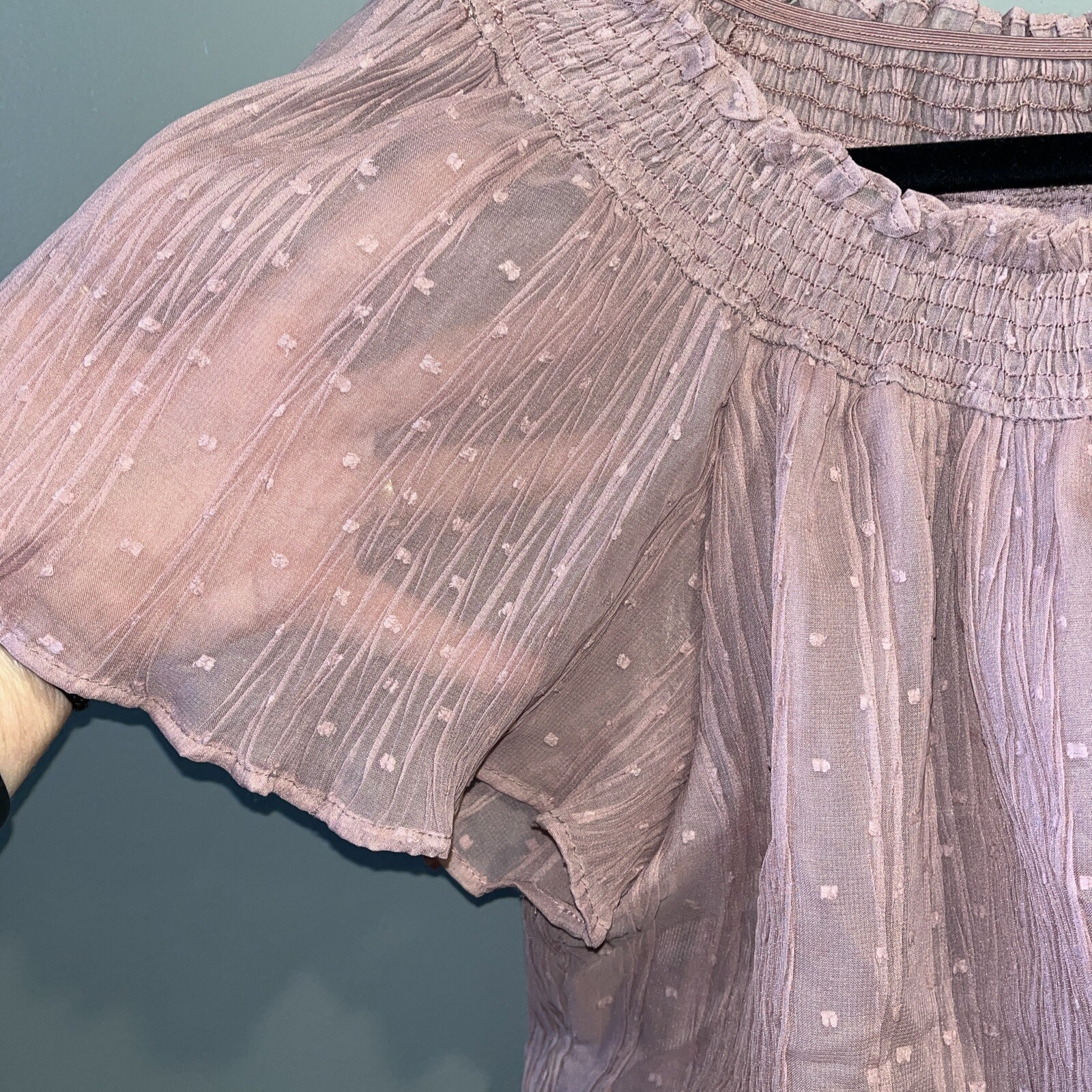 Mine Off The Shoulder Flutter Top Womens L Pink Sheer Swiss Dot