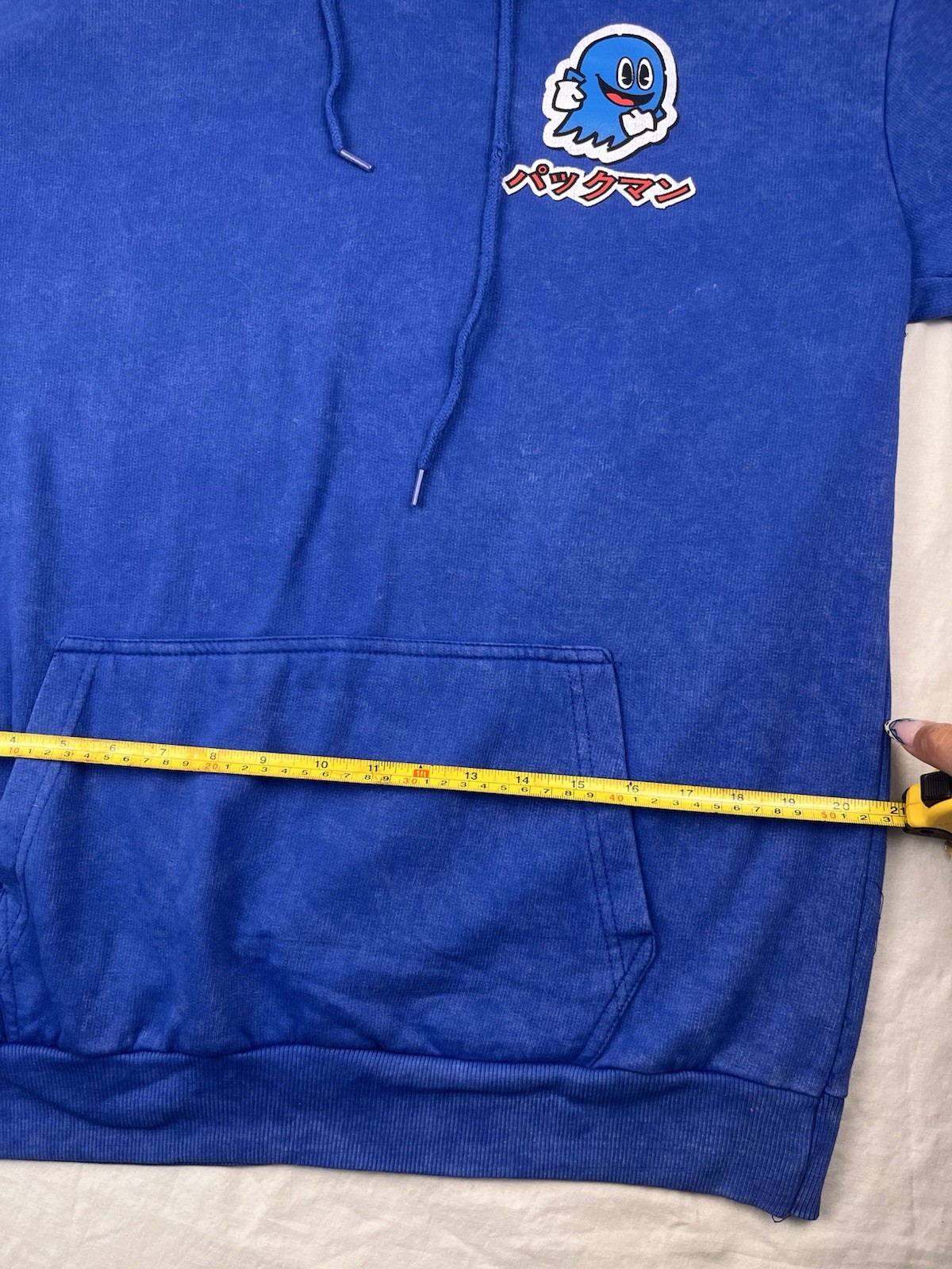 Retro Japanese Pac-Man Hoodie Large Blue Pull Over Long Sleeve Comfy wear Print