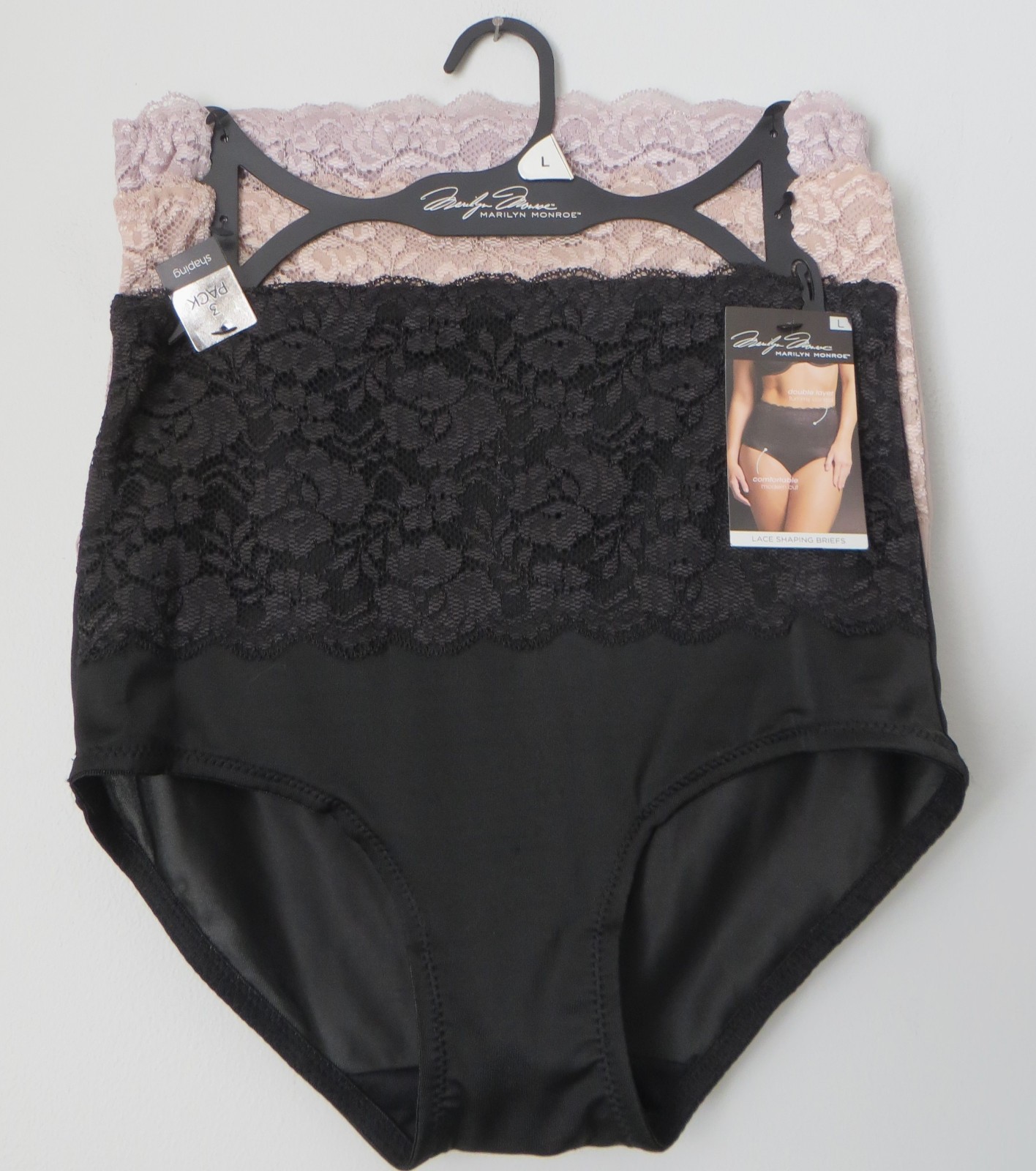 Marilyn Monroe 3pc Lace Shaping Briefs Sz L ~Double Layer Tummy Panel #7305 $42