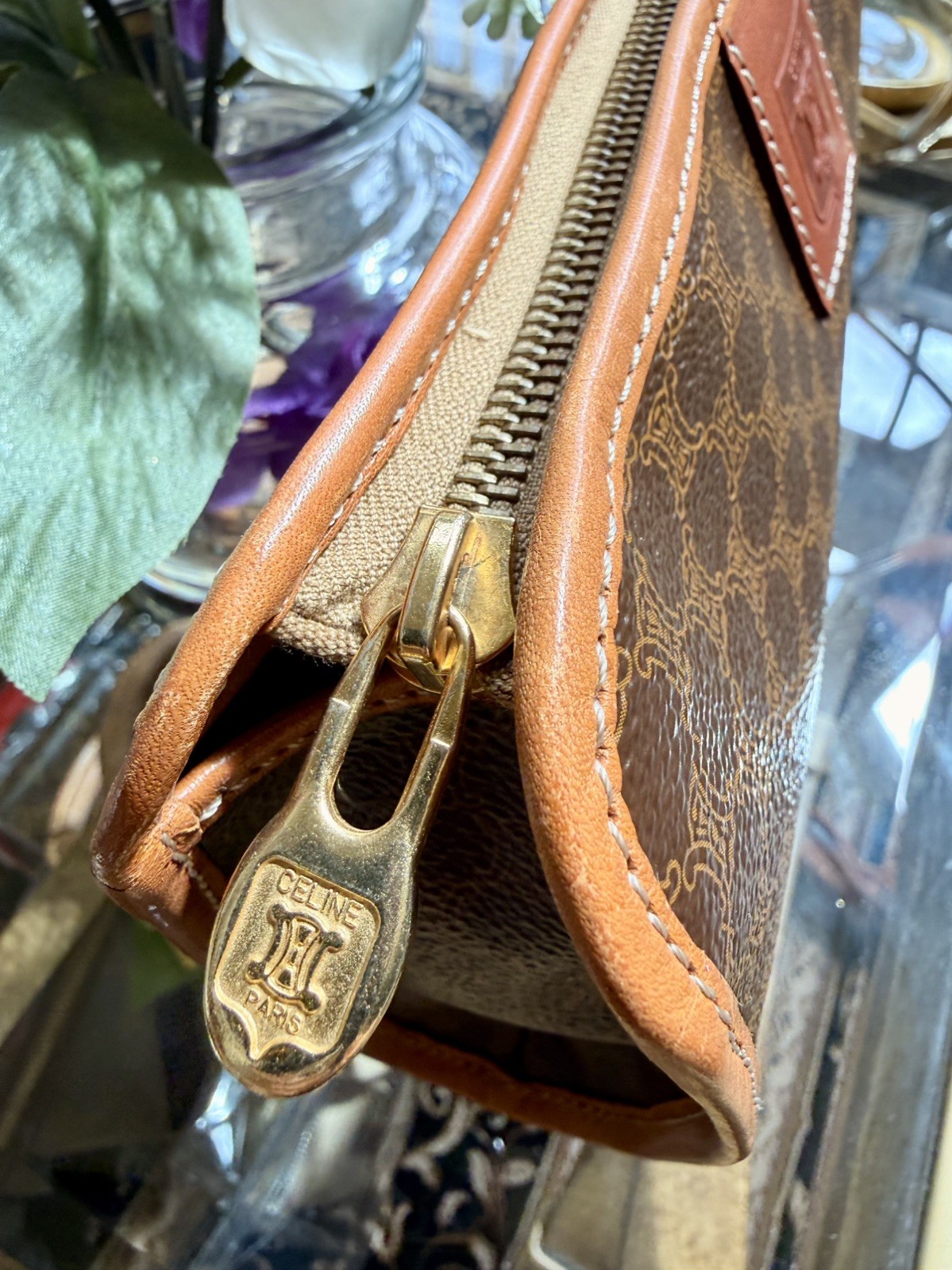 Vintage Celine Macadam Zip Clutch Brown Canvas Leather