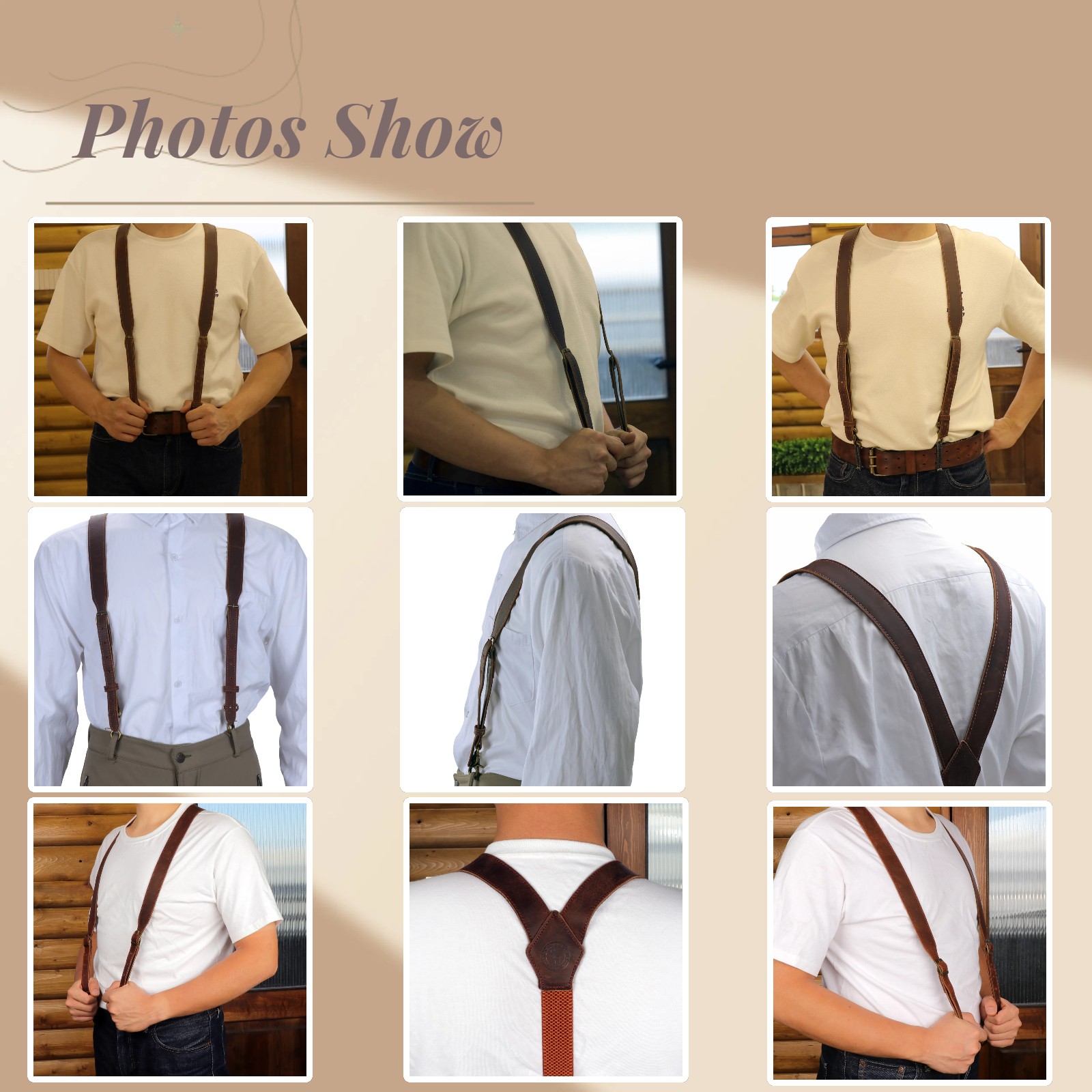 Tourbon Men’s Suspenders Y Back Adjustable Leather Y-Shaped 3 Hooks Pants Braces