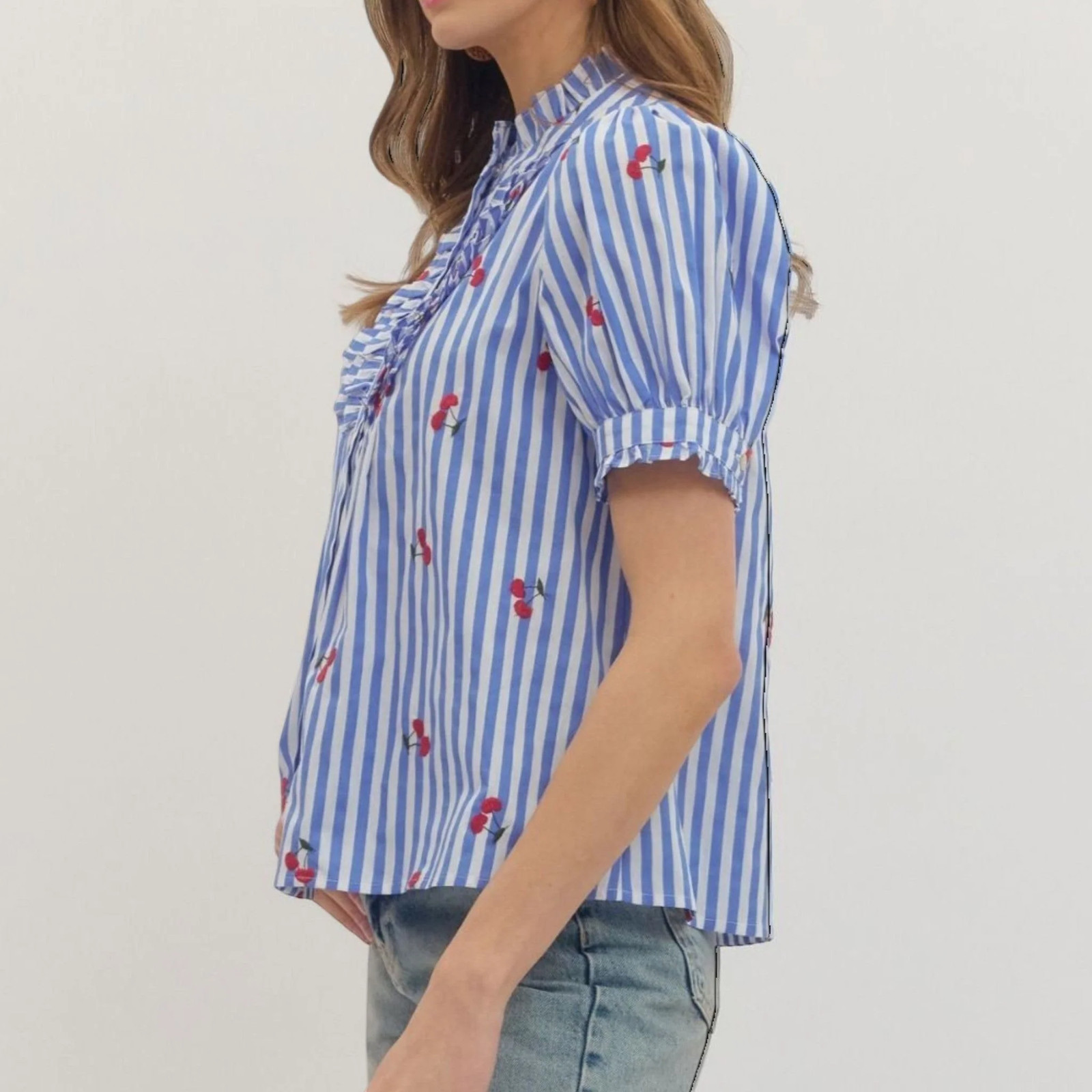 Entro Blue Striped Ruffle Bib Front Embroidered Cherries Puff Short Sleeve Top