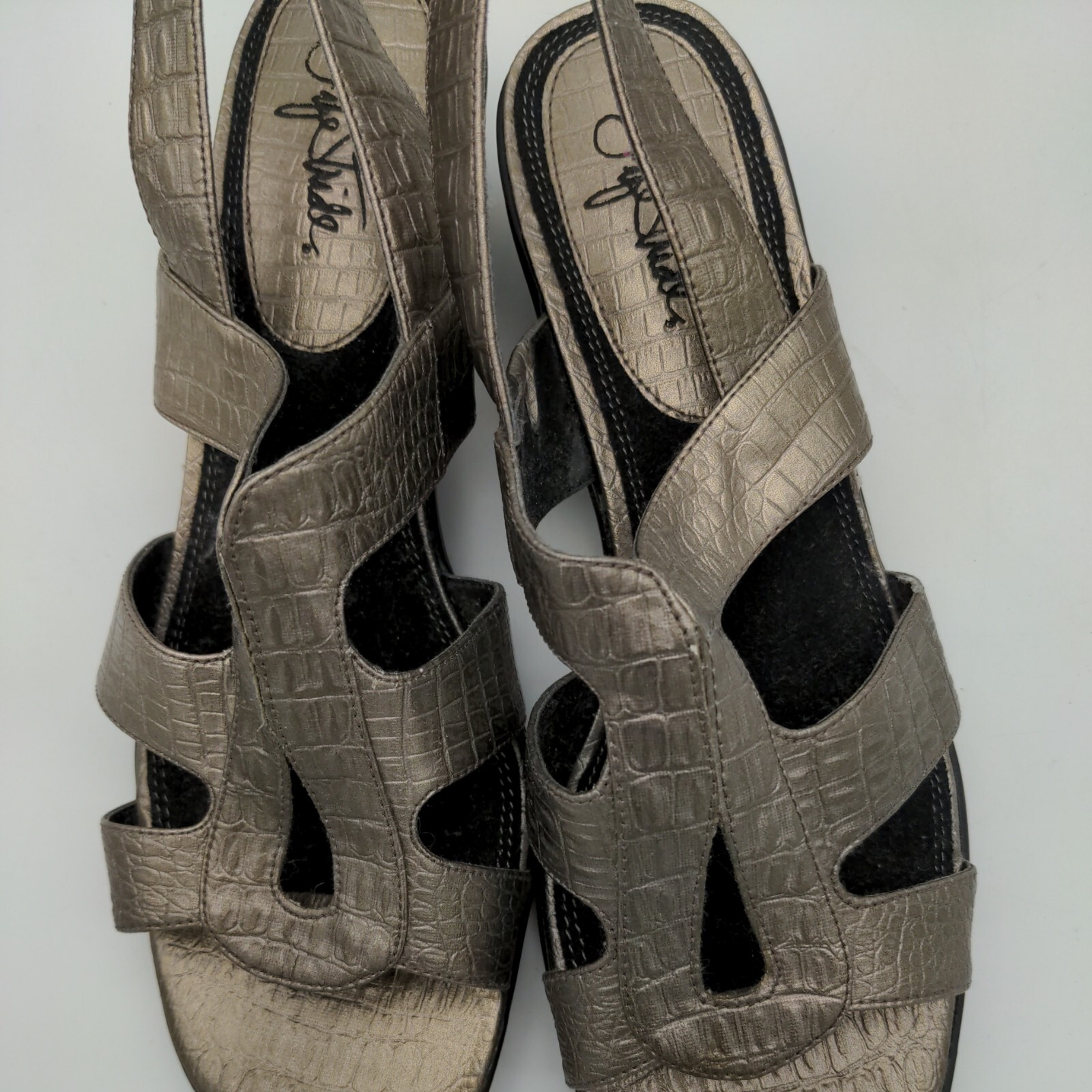 Lifestride 9M memento Tan/Gold croc strappy slingback wedge heels sandals